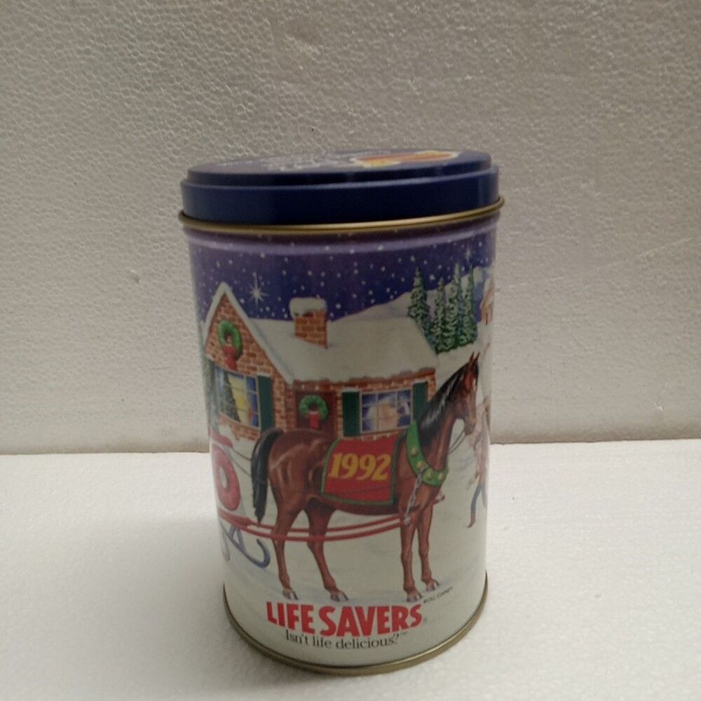 Vintage 1992 collectable Lifesavers Candy Christmas Tin. Blue, red, white, green